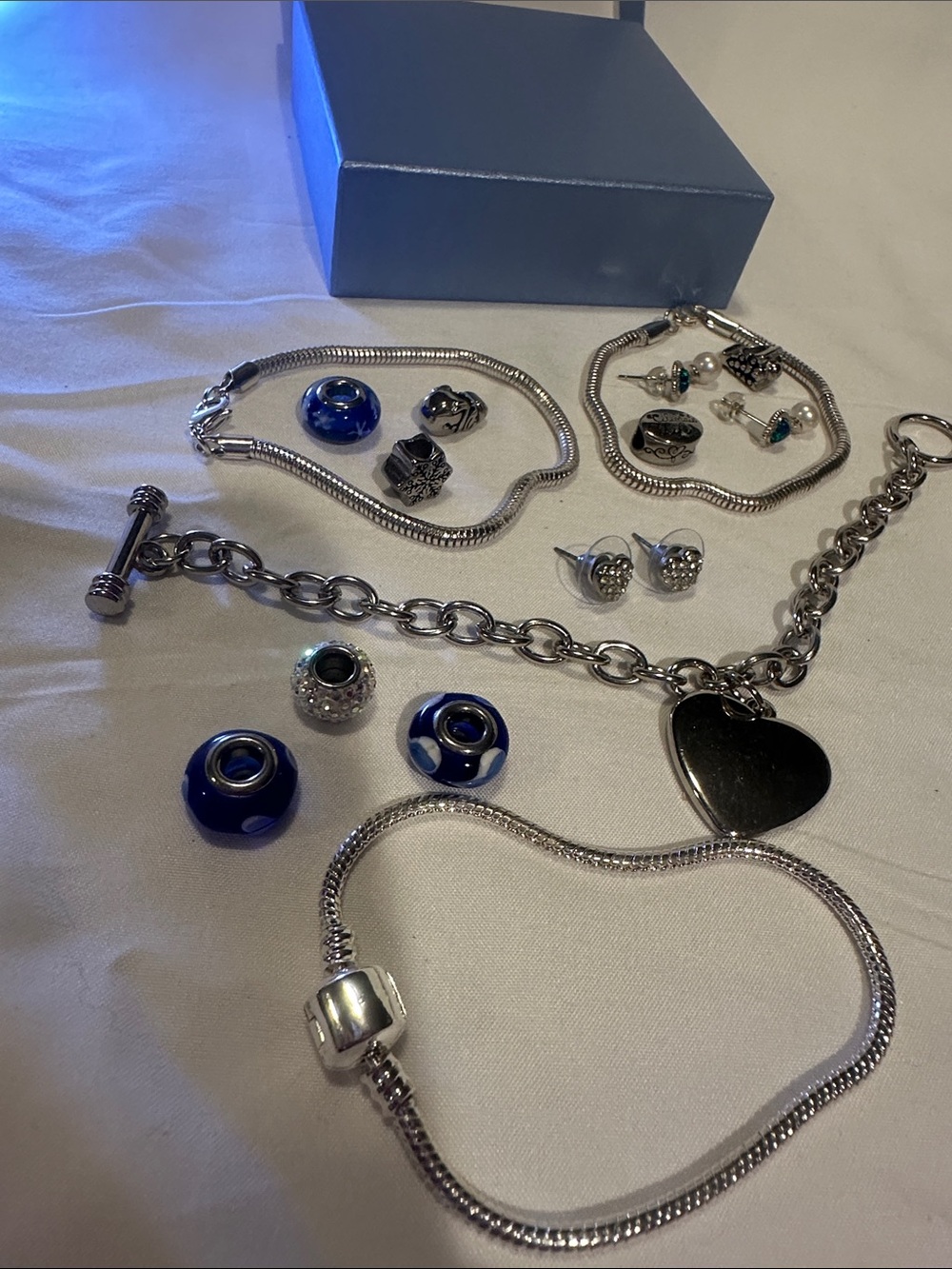 Silver Charm Bracelet Set with Blue Glass Beads